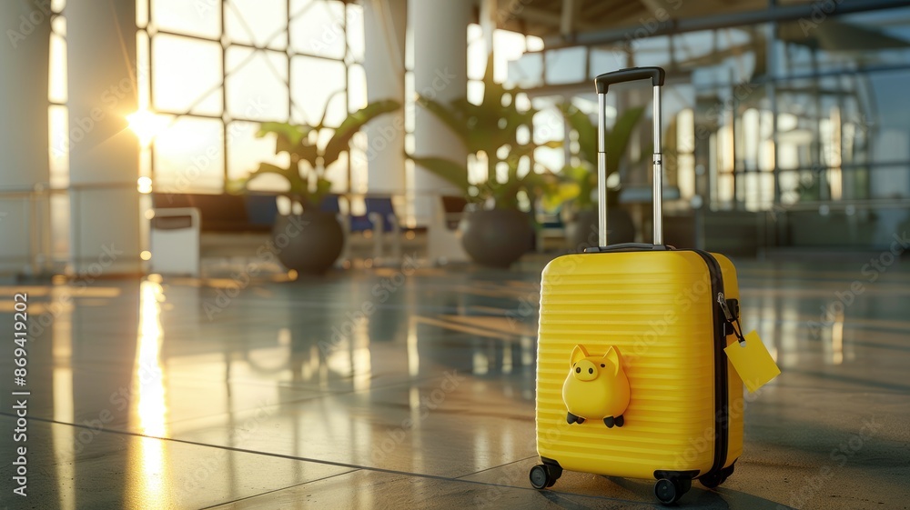 Yellow suitcase in modern, sunlit airport terminal Yellow suitcase in modern, sunlit airport terminal