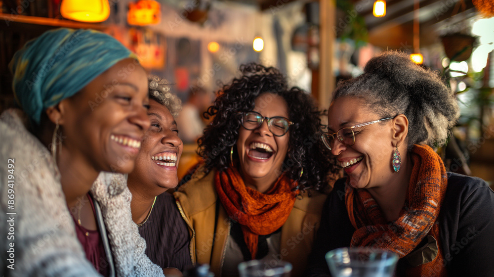 Diverse group of joyful women laughing together at cozy bar or restaurant. Multicultural friendship, social gathering. Diverse group of joyful women laughing together at cozy bar or restaurant. Multicultural friendship, social gathering.
