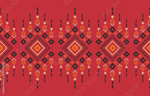 Tribal ornament. Geometric pattern. Ethnic pattern. Fabric - Red background geometric tribal southwestern aztec navajo. Design for ikat, fabric, clothing, carpet, textile, ethnic, batik, embroidery.