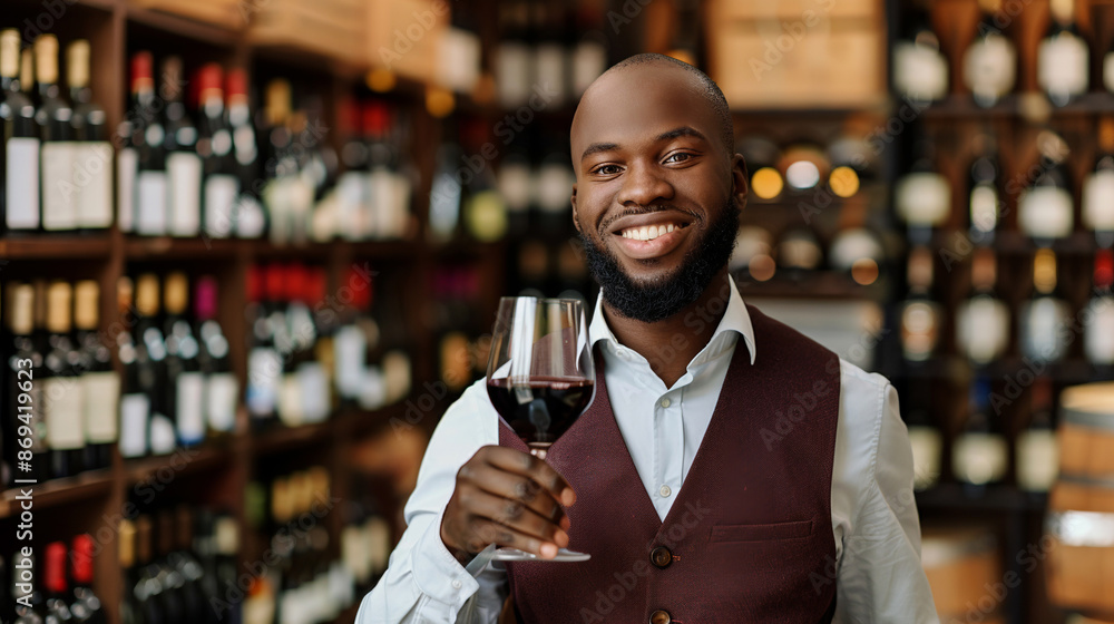 An African salesman in a wine store, surrounded by shelves filled with various wine bottles, offering assistance to customers. An African salesman in a wine store, surrounded by shelves filled with various wine bottles, offering assistance to customers.