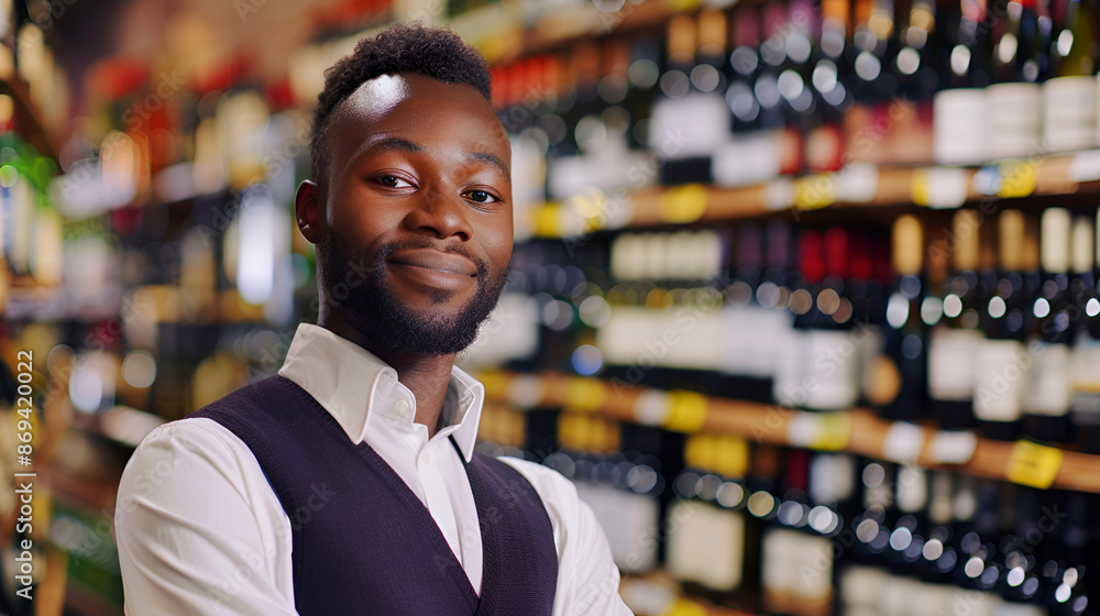 Confident African American salesman in bright modern wine shop. Customer service and small business concept. Confident African American salesman in bright modern wine shop. Customer service and small business concept.