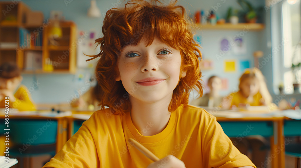 Smiling curly red hair schoolgirl in yellow shirt with a paintbrush creating art in a bright classroom. School, art, education, study concept. Smiling curly red hair schoolgirl in yellow shirt with a paintbrush creating art in a bright classroom. School, art, education, study concept.
