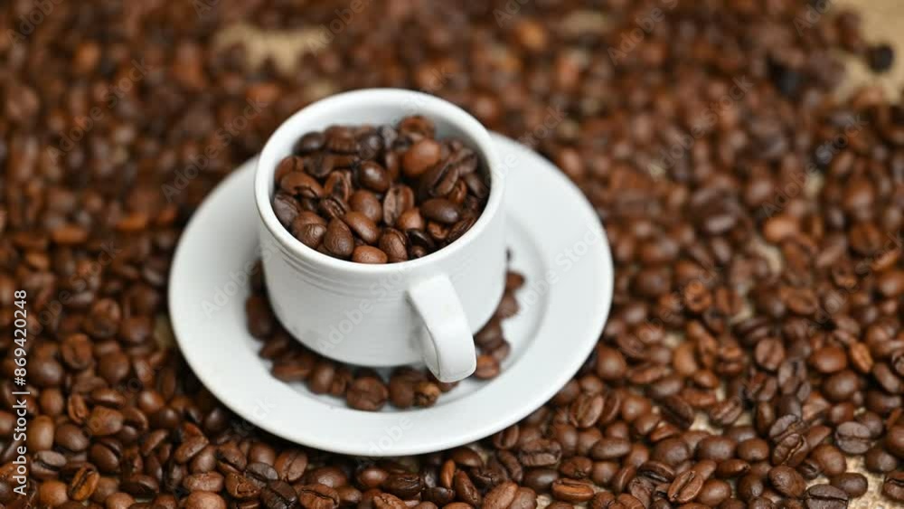 background of rotating coffee beans with cup background of rotating coffee beans with cup