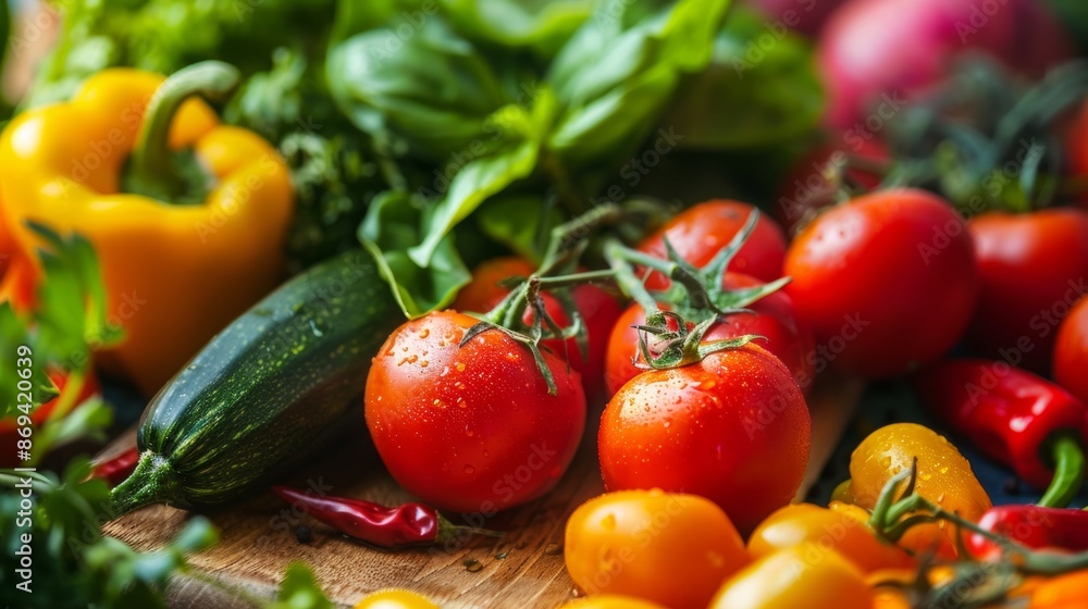 Assorted fresh vegetables on a wooden table Assorted fresh vegetables on a wooden table