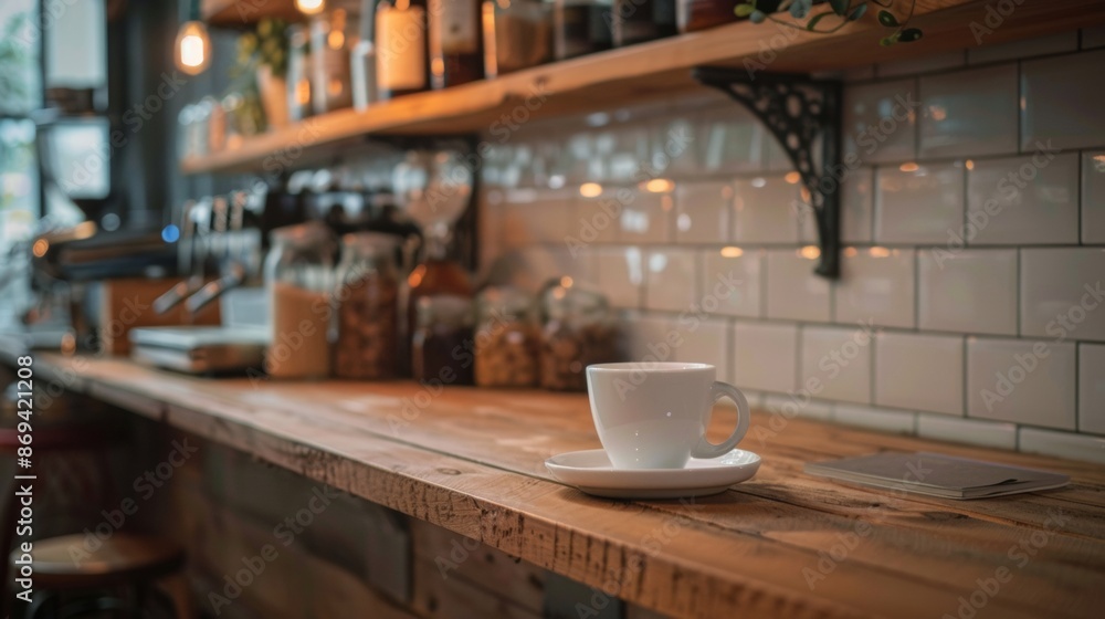Minimalistic coffee shop counter with a cup on a wooden surface Minimalistic coffee shop counter with a cup on a wooden surface