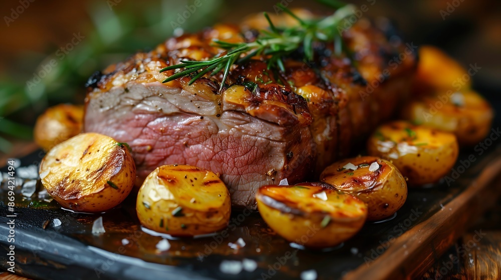 roasted lamb with golden potatoes and fresh rosemary in a rustic baking dish roasted lamb with golden potatoes and fresh rosemary in a rustic baking dish
