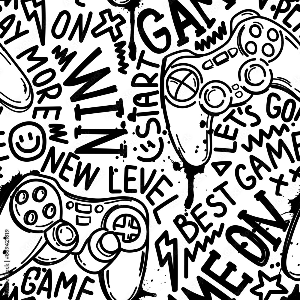 Obraz premium Seamless abstract pattern with joystick game and graffiti words. Black colorful vector Print for boys on white background