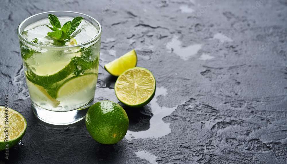 Fototapeta premium Mojito cocktail on dark stone table. With space for your text