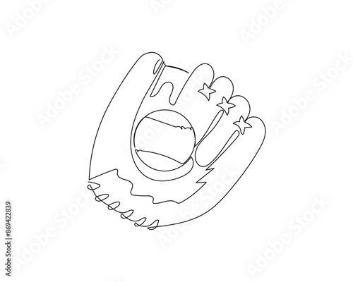 Single continuous line drawing ball in a glove. Sports equipment illustration stock. Mitt holding baseball ball. One line draw graphic design vector illustration