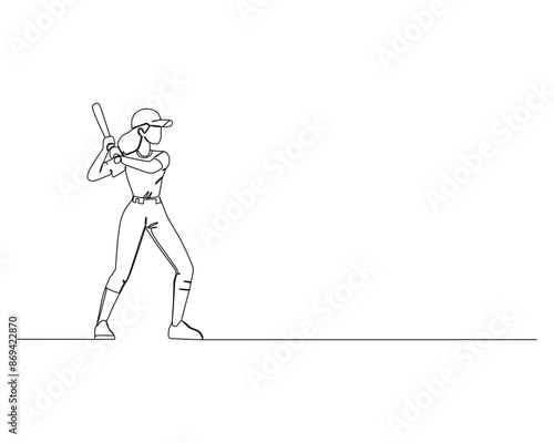 continuous line drawing of a young active female baseball player standing and hold a bat and ready to hit a ball.
