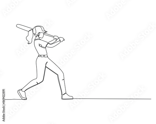 continuous line drawing of a female baseball athlete holds a bat over their shoulder, ready for a swing. The dynamic stance indicates motion or preparation for action in the sport5
