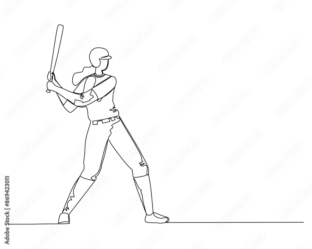 Batter Line Work Single continuous line drawing of young agile woman batter ready to hit ...