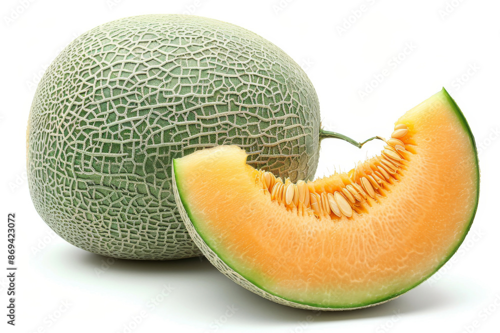 Freshly Cut Melon with Seeds on White Background Freshly Cut Melon with Seeds on White Background