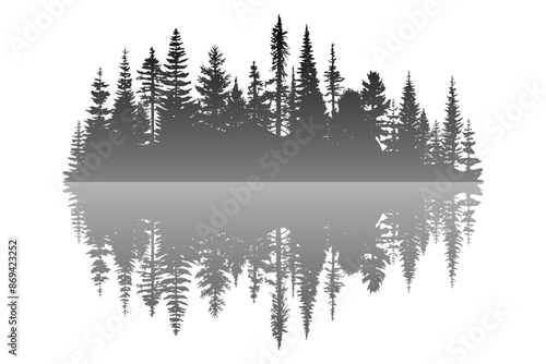 Forest reflected in water, wild lake, black and white landscape