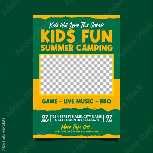 Kids fun summer camping flyer or poster template design