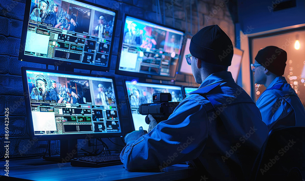 Security Guards Monitoring CCTV Cameras in Control Room During Night Time for Surveillance and Safety Security Guards Monitoring CCTV Cameras in Control Room During Night Time for Surveillance and Safety