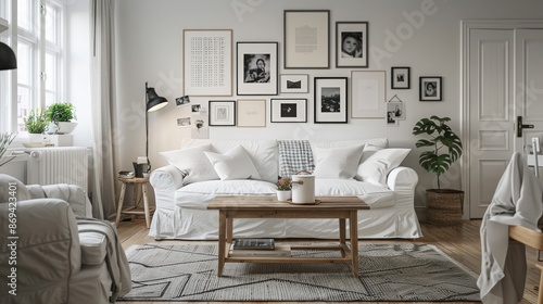 A cozy living room with a Scandinavian design, featuring a white sofa, wooden coffee table, and a wall adorned with black-and-white photographs. © Naveed