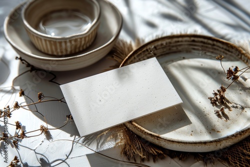 Blank White Card Mockup With Dried Flowers and Ceramic Bowls on White Linen T...