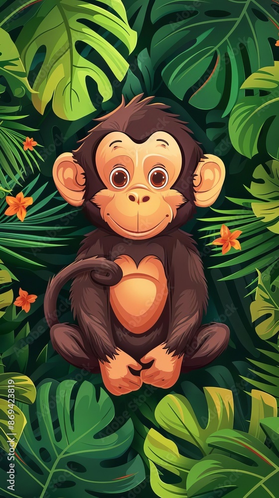 Naklejka premium Adorable cartoon baby monkey sitting in lush jungle surrounded by green tropical leaves and orange flowers.