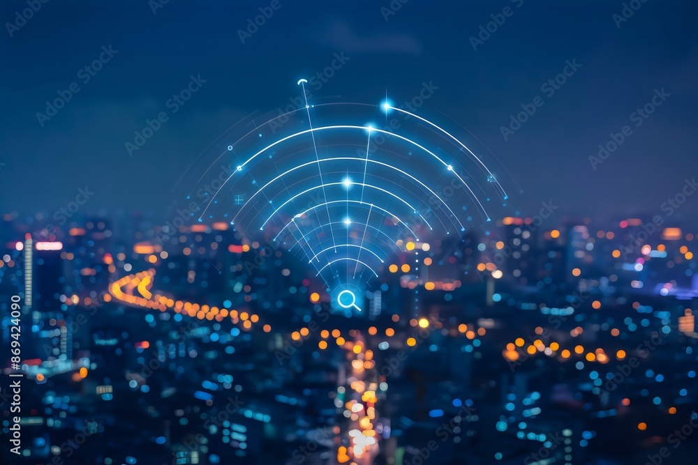 A city skyline with a wifi symbol in the middle. The wifi symbol is surrounded by a series of lines that represent the city's network. Concept of connectivity and modernity A city skyline with a wifi symbol in the middle. The wifi symbol is surrounded by a series of lines that represent the city's network. Concept of connectivity and modernity