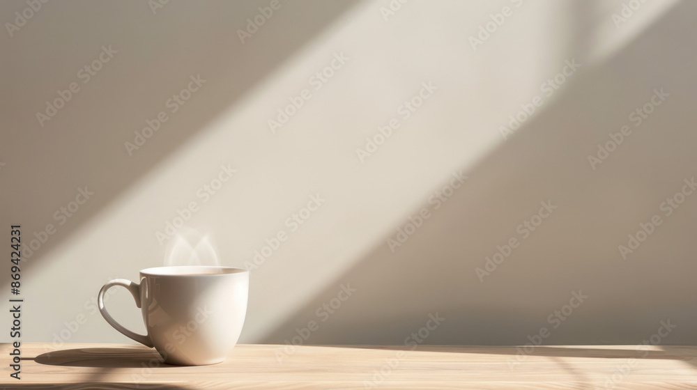 White steaming coffee cup on wooden table with sunbeam through window White steaming coffee cup on wooden table with sunbeam through window