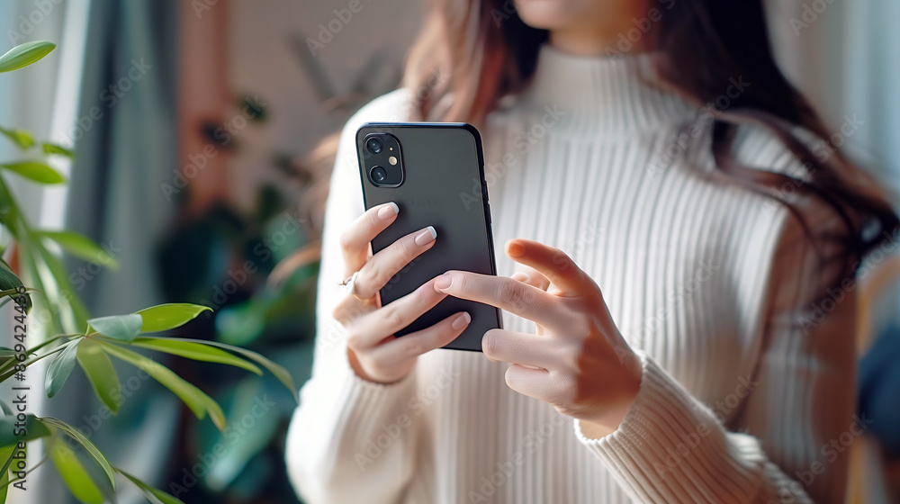 Woman Using Smartphone at Home with Indoor Plants in Background Woman Using Smartphone at Home with Indoor Plants in Background