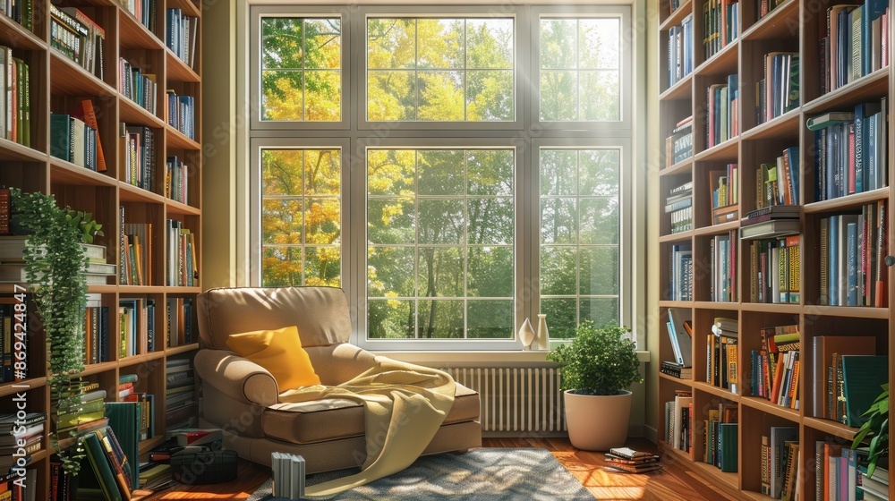 A cozy home library with built-in bookshelves, a comfortable reading chair, and a large window for natural light. A cozy home library with built-in bookshelves, a comfortable reading chair, and a large window for natural light.