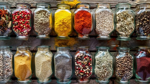 Glass jars filled with various spices photo