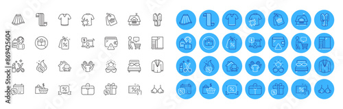 Discount coupon, Sale gift and Dirty t-shirt line icons pack. Discounts ribbon, Online shopping, Buyer think web icon. Suit, Wallet, Balcony pictogram. T-shirt, Discount tags, Scarf. Vector