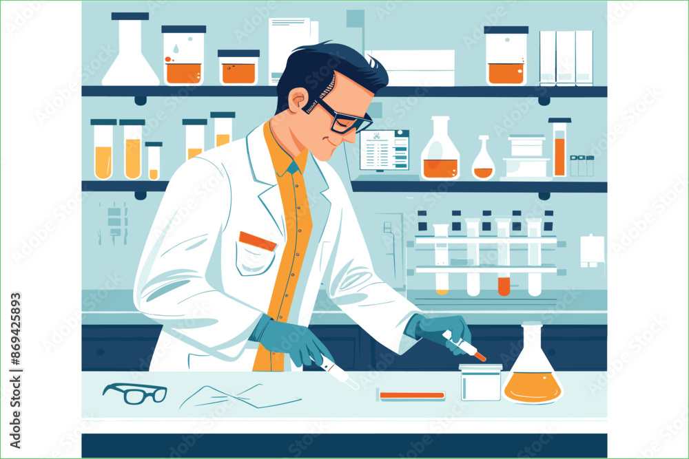 Scientist man in lab coat and glasses making experiment in chemical laboratory. Vector illustration. Scientist laboratory. Male in lab concept who making research. Scientist man in lab coat and glasses making experiment in chemical laboratory. Vector illustration. Scientist laboratory. Male in lab concept who making research.