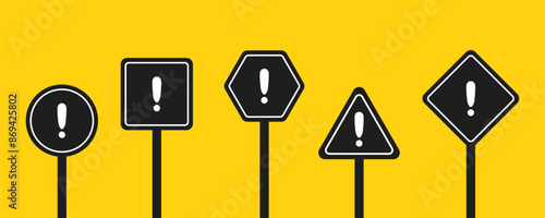 Set of round, square, rhombic, triangular and hexagonal black road signs with exclamation point. Caution sign. Vector icons for warning about the situation on the road. Yellow isolated background