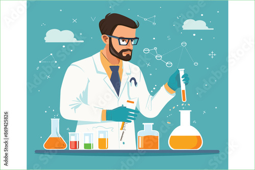 Scientist man in lab coat and glasses making experiment in chemical laboratory. Vector illustration. Scientist laboratory. Male in lab concept who making research.