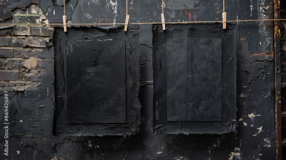 black photo frames hanging on rope on rustic wooden background with copy space black photo frames hanging on rope on rustic wooden background with copy space