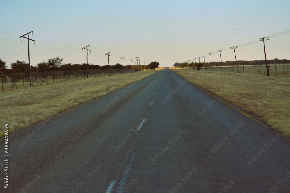 A tar road with telephone poles still visible on the sides,in South,Africa. A tar road with telephone poles still visible on the sides,in South,Africa.