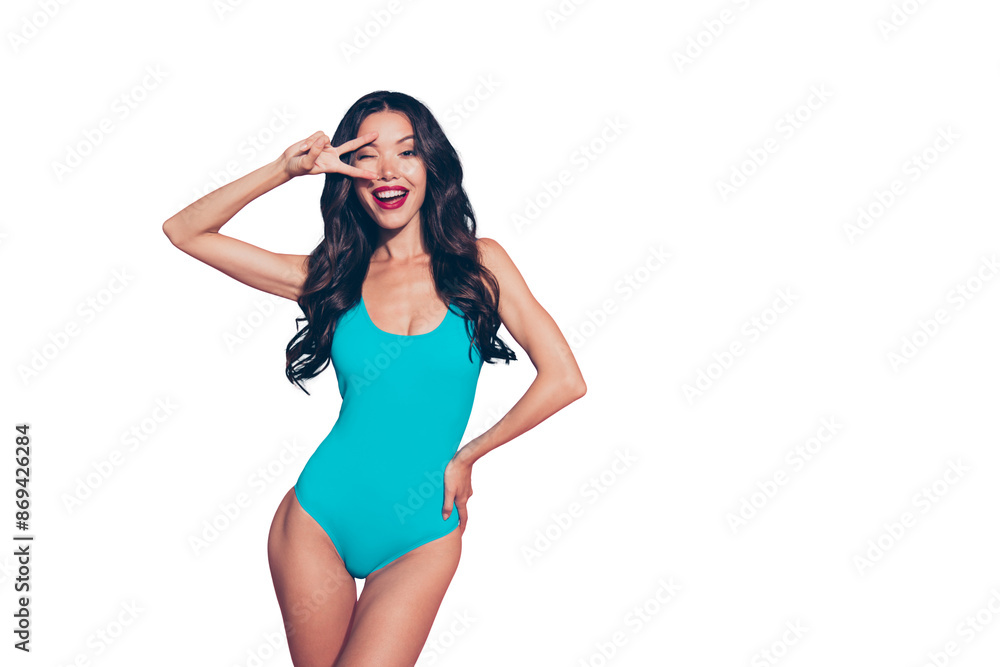 Portrait of cheerful cheery glad slim fit adorable lovely attractive charming glamorous wavy-haired lady red lips one-piece blue outfit showing v-sign near eye isolated over pink pastel background Portrait of cheerful cheery glad slim fit adorable lovely attractive charming glamorous wavy-haired lady red lips one-piece blue outfit showing v-sign near eye isolated over pink pastel background
