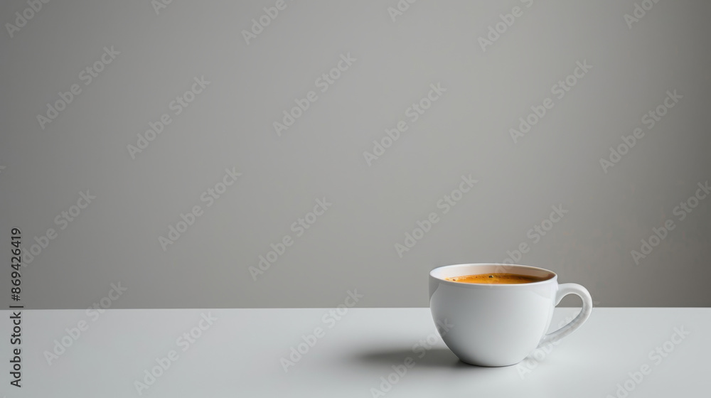 Minimalist coffee cup with hot espresso on a white table against a plain gray background Minimalist coffee cup with hot espresso on a white table against a plain gray background