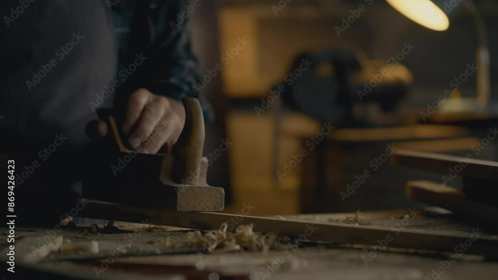 A master wood carpenter works with a block of wood using a plane to reduce the size of the wood. A woodworker uses a planer tool to work with wood his task is to give the block the desired size A master wood carpenter works with a block of wood using a plane to reduce the size of the wood. A woodworker uses a planer tool to work with wood his task is to give the block the desired size