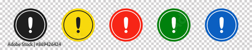 Set of round circle black, yellow, red, green and blue road signs with exclamation point. Caution sign. Vector icons for warning about the situation on the road. Transparent isolated background