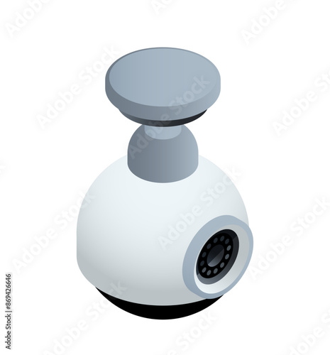 Isometric security camera. Ceiling CCTV for monitoring indoor real estate areas. Surveillance camera for safety and protection against crime. 3D realistic vector illustration isolated on background
