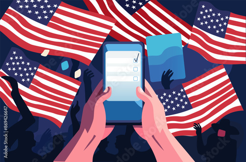 US presidential election mobile voting concept Hands holding smartphone with voting options in front of waving American flags and cheering crowd