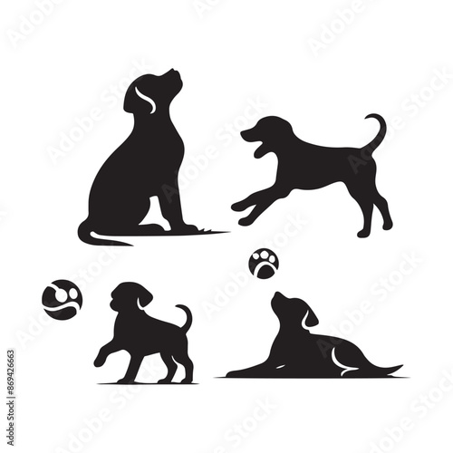 Dogs playing ball silhouette vector illustration. Set of pet silhouettes. Dogs with ball. Vector illustration