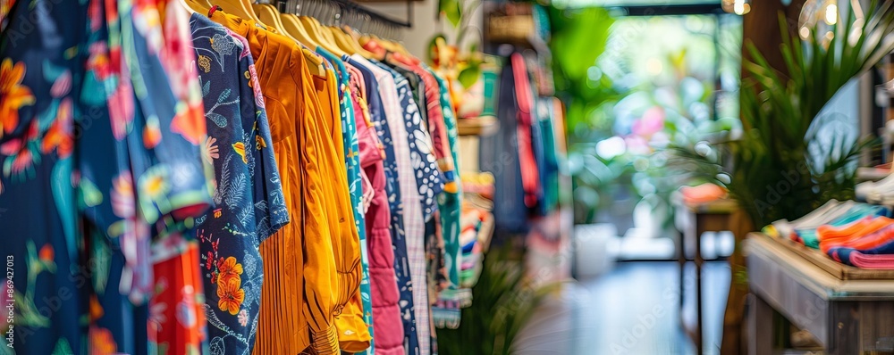 Neighborhood boutique with summer clearance sales, vibrant and trendy displays, Seasonal business, Fashion event