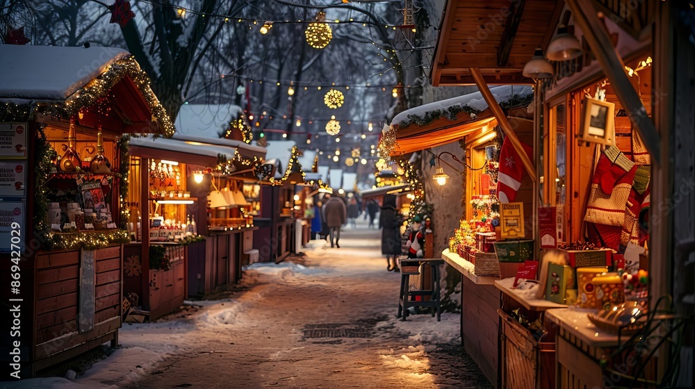 Naklejka premium Smalltown market with winter holiday stalls, warm lights, and seasonal goods, Holiday business, Community spirit