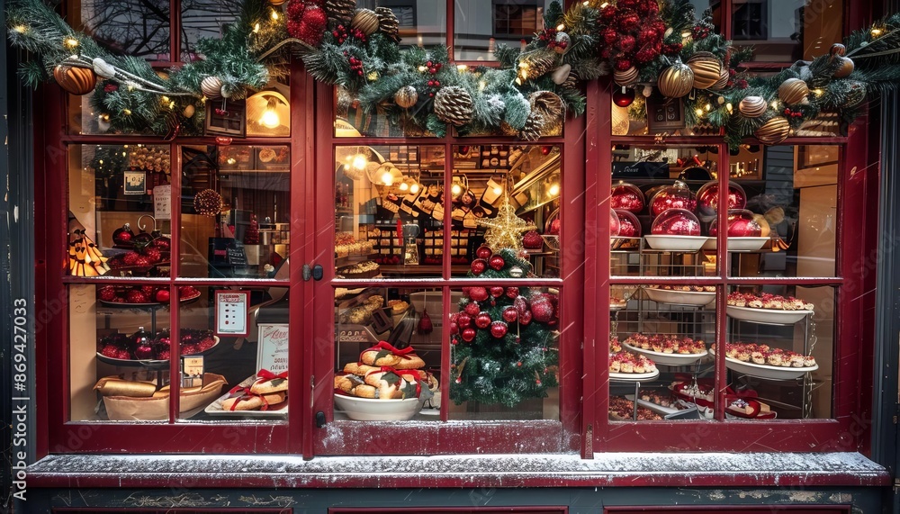 Fototapeta premium Small bakery decorated for Christmas with festive treats in the window, Holiday business, Seasonal charm