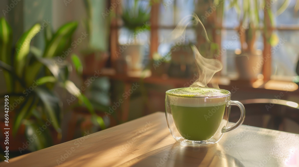 Steaming Matcha Latte in Glass Mug on Sunlit Wooden Table with Houseplants and Window in Background Steaming Matcha Latte in Glass Mug on Sunlit Wooden Table with Houseplants and Window in Background