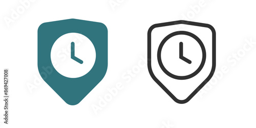 Safety shield clock timer policy as long term protection icon vector graphic set flat and line outline stroke art, life security simple pictogram sign service image clip art