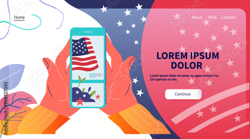 US presidential election mobile app concept Hands holding smartphone with American flag and stars Background with abstract shapes and leaves Web design template