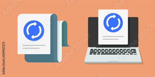 Update upgrade icon vector, online digital web synchronization symbol on computer laptop pc graphic image clip art, system restart operation, install file refresh setup process