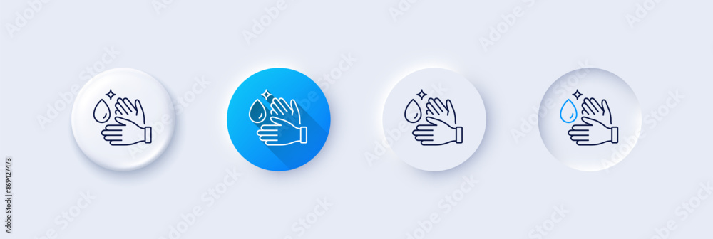 Wash hands line icon. Neumorphic, Blue gradient, 3d pin buttons. Covid hygiene sign. Clean washing symbol. Line icons. Neumorphic buttons with outline signs. Vector Wash hands line icon. Neumorphic, Blue gradient, 3d pin buttons. Covid hygiene sign. Clean washing symbol. Line icons. Neumorphic buttons with outline signs. Vector