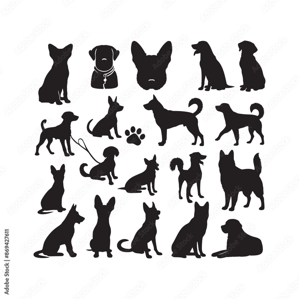 Set of vector black silhouettes of a labrador retriever dogs in different poses isolated on a white background. Lies, stands, sits, jumps, eats, barks,runs. Vector Set of vector black silhouettes of a labrador retriever dogs in different poses isolated on a white background. Lies, stands, sits, jumps, eats, barks,runs. Vector